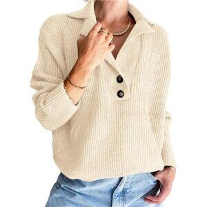Women's‎ Snap-Buttons Foldover Collar Henley Knitted Pullover Sweater Tops
